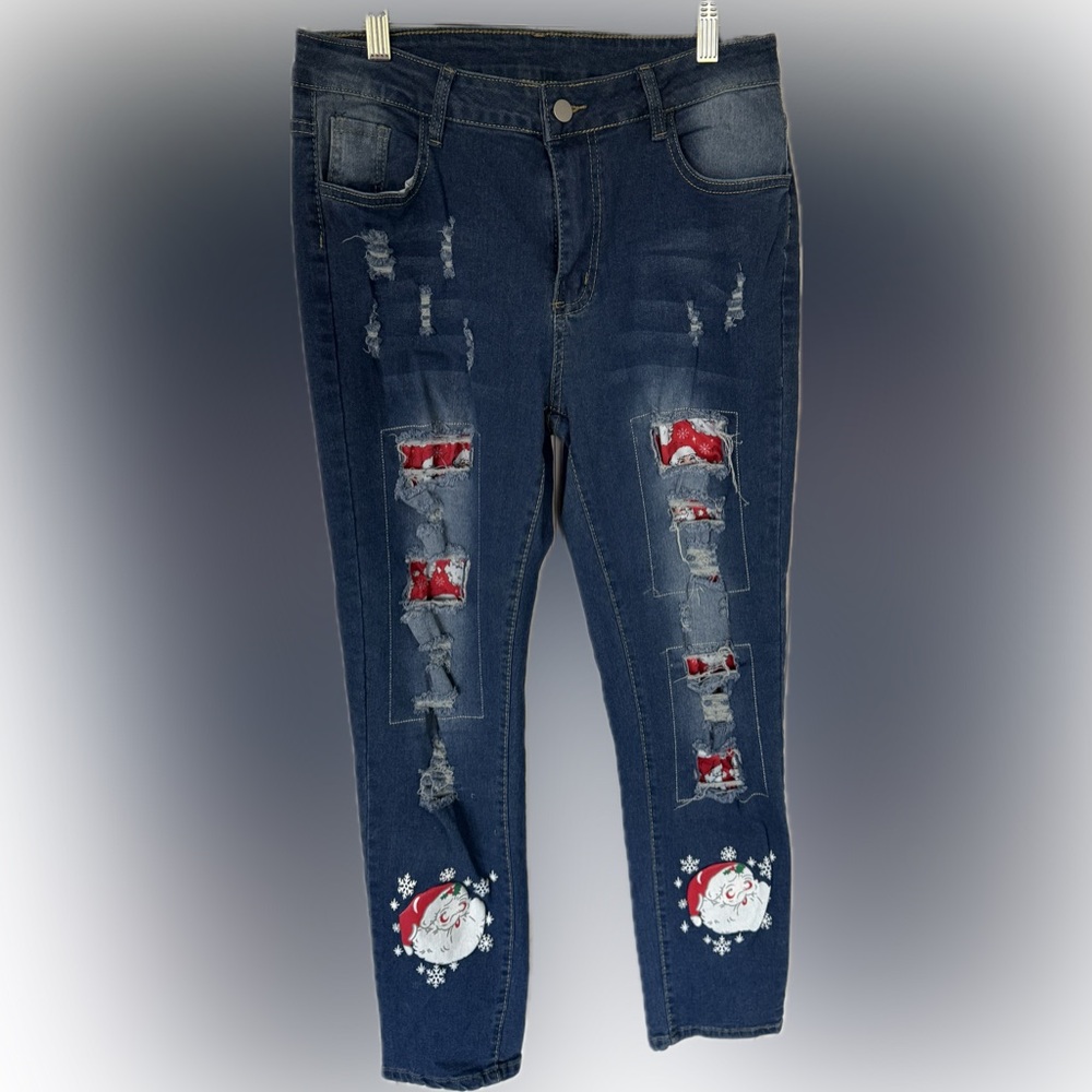 Santa Claus Christmas Patched Jeans XL NWOT